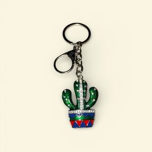 Mint Cactus with Green and Red Accents in Silver Tone Keychain